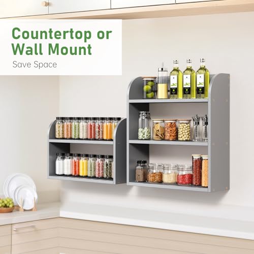 ROMGUAR CRAFT 2 Tier Bamboo Spice Rack, Countertop or Wall Mounting Wood Spice Jars Organizer Shelf for Kitche, Pantry (Grey) - color: Grey, size: 2 Tier