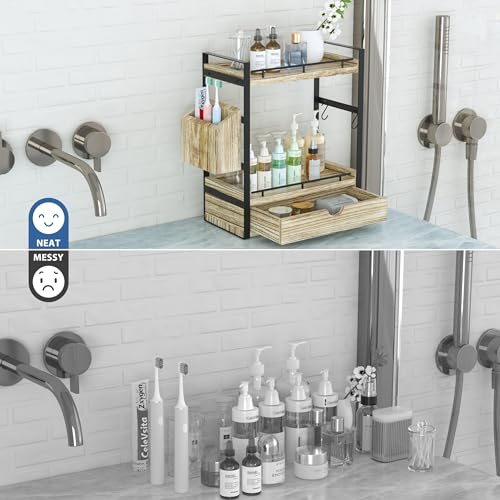2-Tier Wood Bathroom Counter Organizer, Countertop Organizer with Drawer and Storage Basket, Bathroom Sink Organizer for Vanity, Skincare, Makeup, and Daily Essentials (Light Brown) - color: Light Brown