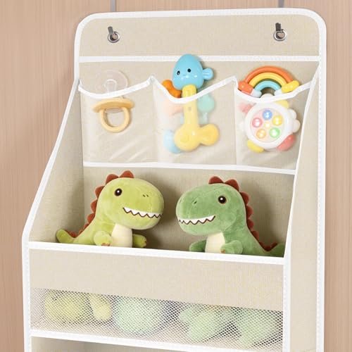 Univivi 6-Shelf Over Door Hanging Organizer Fabric Baby Door Storage with 5 Extra Large Capacity Pockets Behind the Door Hanging Storage Organizers Easy Install Door Storage for Baby Essential (Beige) - color: Beige Pattern, size: 6 LAYER
