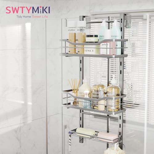 SWTYMIKI Over the Door Shower Caddy - 3 Tier Adjustable Shower Organizer Hanging with Soap Holder, No Drilling Stainless Steel Bathroom Rack Hanging for Body Wash, Shampoo, Soap, Razor, Silver - color: Silver-3 Tier