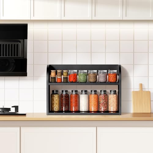 ROMGUAR CRAFT 2 Tier Bamboo Spice Rack, Countertop or Wall Mounting Wood Spice Jars Organizer Shelf for Kitche, Pantry (Black) - color: Black, size: 2 Tier