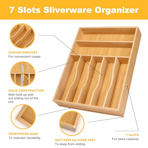 Kitchen Bamboo Silverware Organizer, Kitchen Drawer Organizer - Utensil Holder and Cutlery Tray with Grooved Drawer Dividers for Flatware 7 Slot, Natural - color: Natural, size: 7 Slots