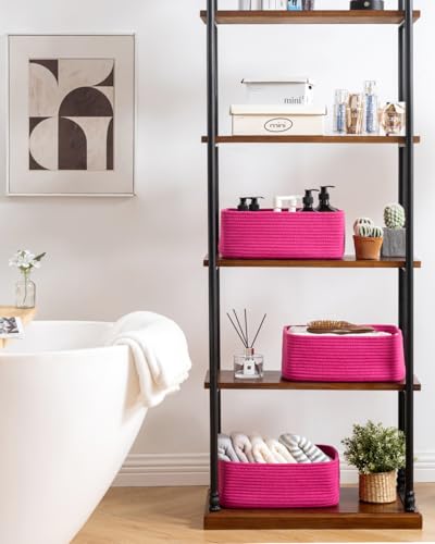 Small Woven Basket, 13.5 x 9.5 x 5 Inches, Storage Basket for Organizing, Cute Small Rope Shelf Closet Cube Storage Bins Baskets for Shelves, Dog Toy Gift Baskets Empty, 3 Packs, Hot Pink - color: Hot Pink, size: 13.5"L x 9.5"W x 5"H