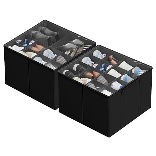 SUOCO 2 Pack Shoe Organizer for Closet, Fits up to 32 Pairs, Small Space Shoe Storage Boxes Bins Containers w/Adjustable Dividers and Clear Top, Black - color: Black