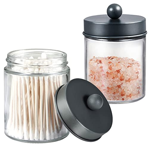 Amolliar 4 Pack Apothecary Jars Bathroom Vanity Storage Organizer Set -Countertop Canister with Stainless Steel Lids &Cute Stickers - Qtip Dispenser Holder for Qtips,Cotton Swabs,Makeup Sponges (Grey) - color: Grey