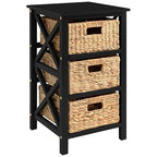 eHemco 3 Tier X-Side End Table with Wicker Baskets for Bedside, Living Room, Black - color: Black, size: 14"D x 14"W x 25"H (3 Drawers)