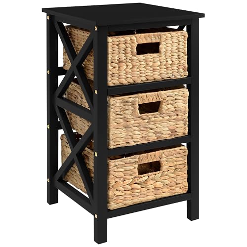 eHemco 3 Tier X-Side End Table with Wicker Baskets for Bedside, Living Room, Black - color: Black, size: 14"D x 14"W x 25"H (3 Drawers)