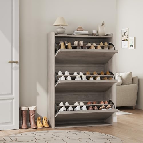 GarveeHome Shoe Cabinet with 3 Flip Drawers, Wooden Shoe Organizer Cabinet with Adjustable Shelf, Shoe Storage for Entryway, Hidden Shoe Cabinet for Hallway, Living Room, Grey - color: Grey, size: 3-Drawers