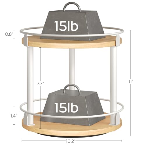 YATINEY Lazy Susan Organizer, Rotating Spice Rack, 2 Tier Spice Turntable Organizer, Industrial Turntable Spice Holder, for Kitchen Countertop, Compact and Versatile, White and Natural SR22WN - color: White + Natural, size: 10.2"L x 10.2"W x 11"H