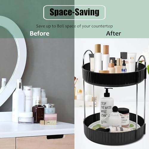 Rotating Makeup Organizer Countertop 2 Tier Lazy Susan Trays Spinning Skincare Perfume Storage for Bathroom Counter Vanity, Black - color: Black, size: 2 Tier