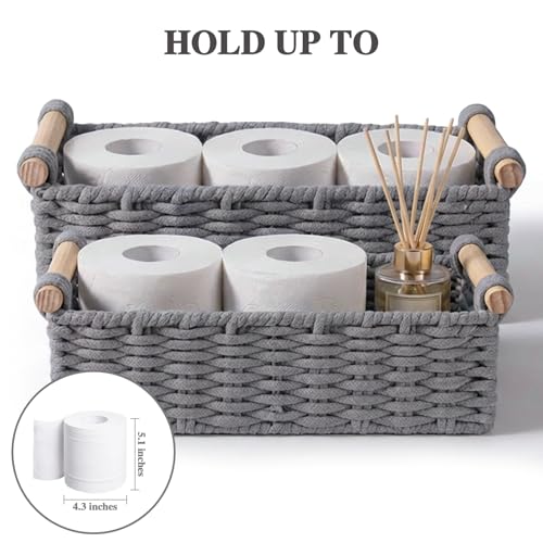 Boho Cotton Rope Storage Baskets Set of 2, Woven Wicker Organizer Bins with Wooden Handles, Small Decorative Boxes for Organizing, Toilet Paper Baskets for Bathroom Countertop, Shelves (Gray 2 Pack) - color: Gray 2 Pack