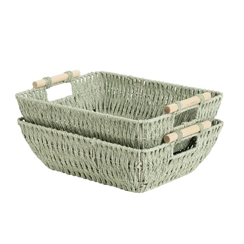 StorageWorks Extra Large Wicker Storage Basket for Organizing with Wooden Handles, Toilet Paper Baskets for Shelf, Bosana Green, 2-Pack - color: Bosana Green, size: Large