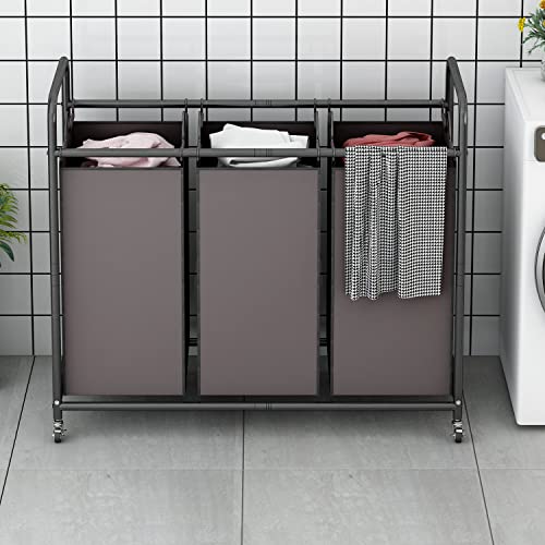 LINZINAR 3-Bag Laundry Sorter,Laundry Hamper Cart with Heavy Duty Rolling Lockable Wheels and Removable Bags (Brown) - size: 3 Bags Brown
