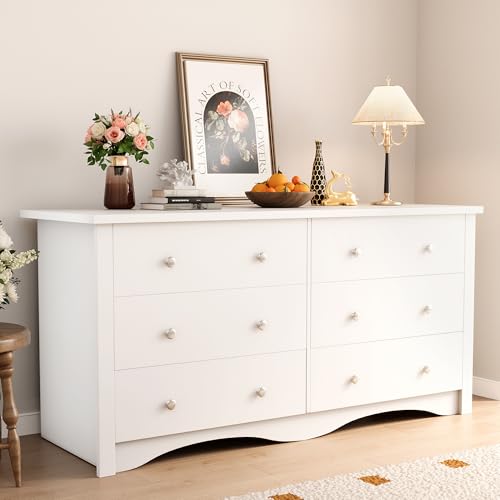 YESHOMY 6 Drawer Dresser for Bedroom, 47.2'' Wood White Dresser, Chest of Drawers Storage Organizer, TV Stand for 55 inch TV, for Living Room, Hallway, Closet - color: Light White
