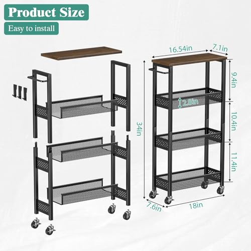 Giwil Slim Rolling Storage Cart 4 Tier Bathroom Organizer Mobile Shelving Unit Utility Cart with Wood Top and Handle for Kitchen Laundry Narrow Places, Black - color: Black, size: 4 Tier (W-7.1IN)