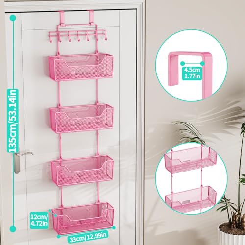 HapiRm Over Door Organizer Storage - Hanging Door Organizer with 4 Metal Large Capacity Baskets and Adjustable Coat Hook for Bathroom Bedroom Kitchen Pantry Closet Cabinet - color: Pink