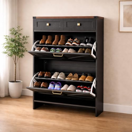Naomi Home Berenice 32.68" Farmhouse Shoe Cabinet for Entryway with 2 Flip Drawers and 2 Storage Drawers - Slim Narrow Shoe Storage Cabinet, Black Shoe Organizer Cabinet - color: Black