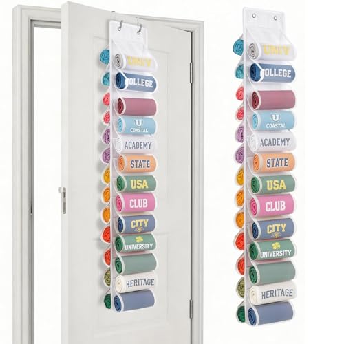 Over the Door Hoodie Organizer, Double Sided Holds 26 Hoodies, White Hanging Storage with 2 Hooks and Rope for Door Closet Cabinet Use, Ideal for Dorm Rooms Bedroom, Small Spaces, 54.3 Inch - color: White