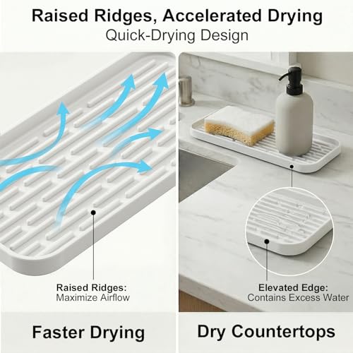 Silicone Organizer Tray, Soap and Sponge Holder for Kitchen Sink, Bathroom - Storage Tray for Dish Brush, Soap Dispenser, Dishwashing Accessories-(White 1 Pack, 12"x4.7") - color: White, size: 12"x4.7", 1 Pack