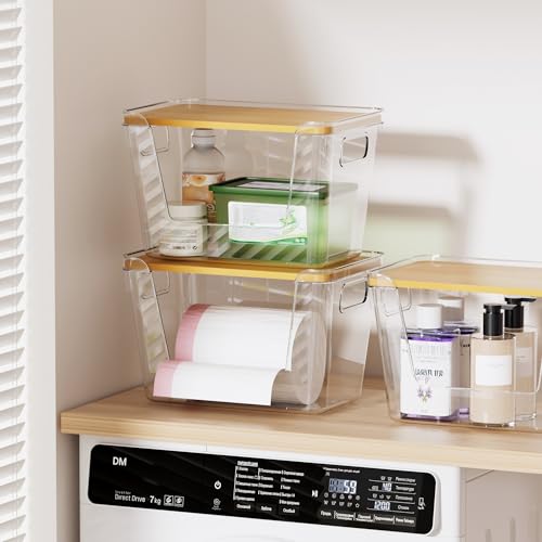 Delamu Acrylic Trash Bag Holder, 3 Pack Stackable Garbage Holder for 4-33 Gallon Bags, Clear Organizer Bins for Under Sink Organization, Pantry Storage, Cabinet, Kitchen, Laundry, Bathroom - size: XL-3 Pack