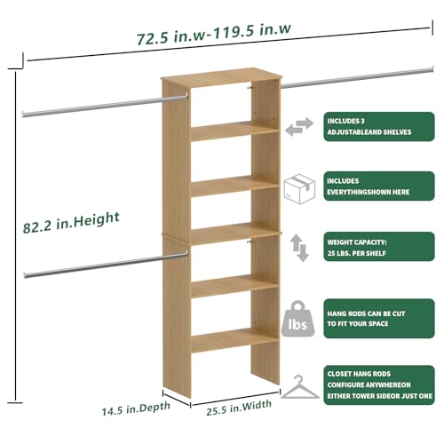 ROOMTEC Closet System, 25.5" Wide Wall-Mounted Closet Organizer Kit with Wood Storage Tower and 3 Hanging Rods, Wardrobe Closet System for Walk-In Closets, Wood - color: Wood, size: 25.5 Inch