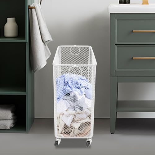White Metal Laundry Basket with Wheels, Rolling Laundry Hamper Cart Mesh Laundry Storage Cart Organizer Clothes Sorter Shelf Basket Durable for Laundry Room - color: White
