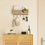 Hook Woven Rattan Key Holder & Mail Organizer, Scalloped Wave Design Decorative Wall Mount for Entryway, Living Room & Hallway, Natural Paper Rattan