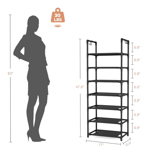 LANTEFUL 7 Tiers Shoe Rack 18-20 Pairs Boots Organizer Storage Sturdy Narrow Shoe Shelf for Entryway, Closets with Hooks, Black - color: Black, size: 7 Tier-47.6" High-17" Wide