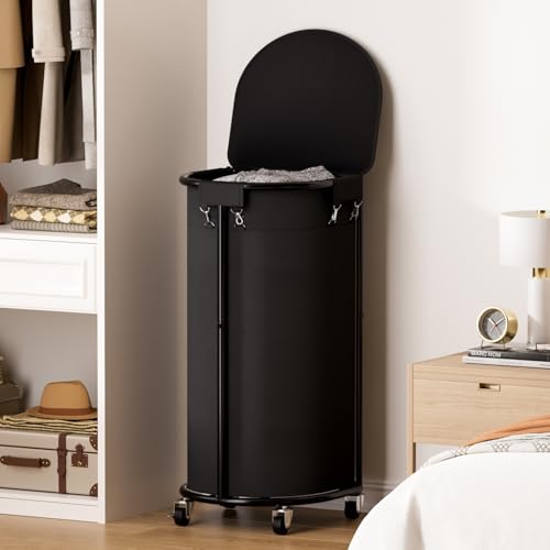 Rolling Laundry Basket with Lid, 100L Laundry Hamper with Wheels, Half Round Laundry Cart with Removable Bag, Sturdy Metal Frame Dirty Clothes Organizer for Bathroom, Bedroom, Black - color: Black, size: 100L(16.9"L x 12.6"W x 31.5"H)