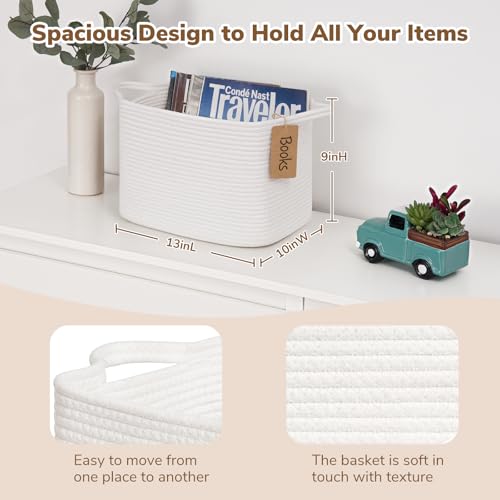 Goodpick Rope Basket, Storage Baskets for Organizing, Rectangle Baby Nursery basket with Handles, Small Woven Basket for Shelves, Living Room, 13 x 10 x 9 Inches, White - color: White, size: 13"L x 10"W x 9"H