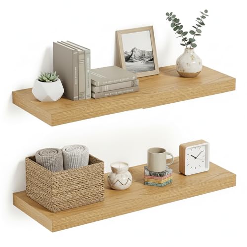 Vivelove Floating Shelves 24 inchs Long, Bathroom Shelves Over Toilet 9.1” Deep, Wall Mounted Wall Shelves for Bedroom, Living Room, Kitchen, Office, Rustic Home Decor, Oak, Set of 2 - color: Oak, size: 24”Wx9.1”Dx1.6”H