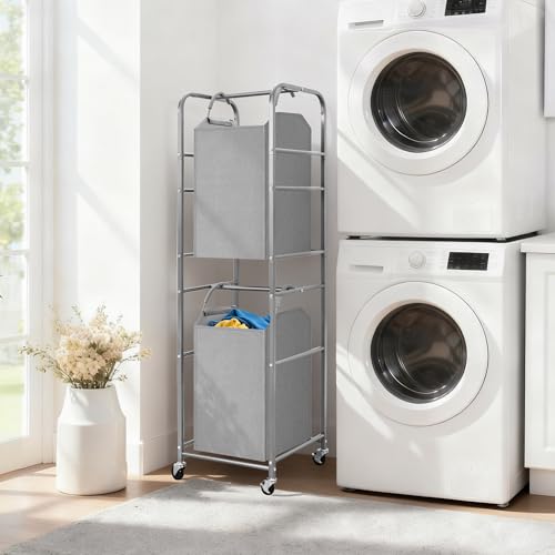 STORAGE MANIAC 2 Tier Vertical Laundry Hamper, 2 Section Laundry Sorter with 2 Removable Tote Bags, Rolling Clothes Basket for Towels, Blankets, Tall Dirty Clothes Hamper for Closet, Bathroom, 2 Bags - size: 2 Section