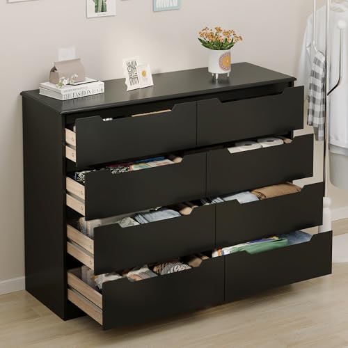 Gizoon 8 Drawer Dresser, 47" Wide Black Dresser for Bedroom with Cut-Out Handles, Modern Wooden Chest of Drawers with Anti-Tip Kit, for Living Room, Hallway, Entryway, Home Office - color: Black, size: 15.7"D x 47.2"W x 35.4"H (8 Drawers)