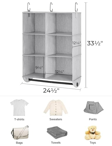 StorageWorks Hanging Closet Organizer with Metal Rod, 6-Section Closet Organizers and Storage, Collapsible Hanging Shelves for Closet, Bedroom, Kids Dorm Room, RV Camper, Grey and White - color: Grey & White, size: 12¼"D x 24½"W x 33½"H