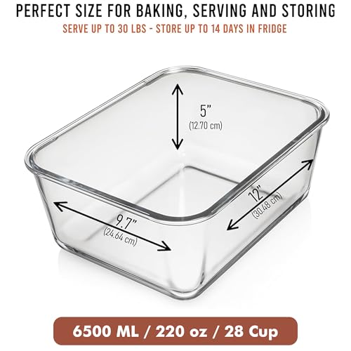 6500 ML / 220 oz / 28 Cup LARGE Glass Food Storage Container with Airtight Locking Lid. Ideal Storing food, Vegetables, Fruits. Baking Casserole, Lasagna, Roasting Turkey, Chicken BPA Free Oven Safe - size: 6500 ml