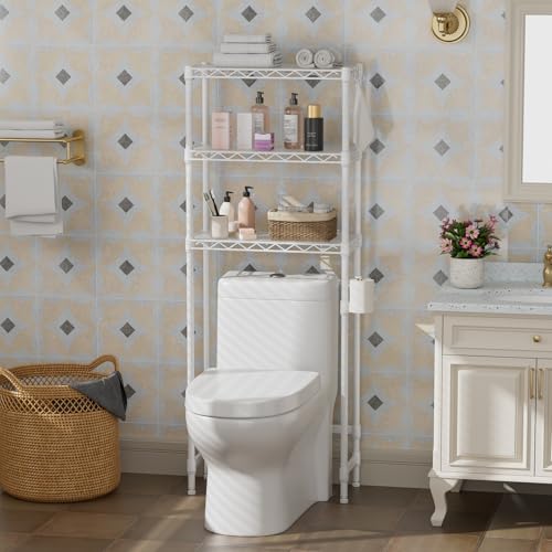 Golpart Over The Toilet Shelf,3-Tier Adjustable Freestanding Metal Bathroom Organizer Shelves with Toilet Paper Holder & Hooks,Space-Saving for Narrow Small Bathroom,10”D x 24”W x 66”H,White - size: White-3-Tier-10"D x 24"W x 66"H