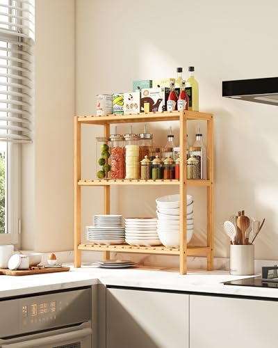 SONGMICS Bamboo Storage Shelf, 3-Tier Shelving Unit, Multifunctional, in The Entryway, Bathroom, Living Room, Balcony, Kitchen, 10.2 x 23.6 x 26 Inches, Light Bamboo UBCB33Y - color: Light Bamboo, size: 3 Tiers (10.2"D x 23.6"W x 26"H)