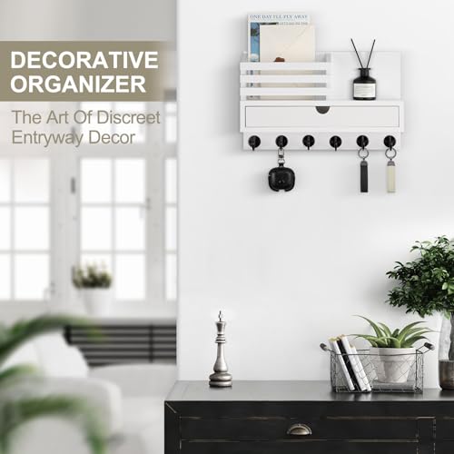 Key Holder Wall Mount, Mail Holder with Storage Drawer and 6 Key Hooks for Coat, Dog Leash, Home Decor Rack, House Accessories, Entry Way Organizer - color: White, size: Large - 13.8 Inch