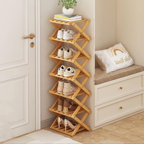 Foldable Shoe Rack, Bamboo Vertical Shoe Organizer Tall for Small Spaces. Multifunctional Narrow Shoe Shelf for Entryway, Closet, Corner, Bedroom, Hallway, Wood Color 7 Layers - color: Wood Color, size: 7 Layers