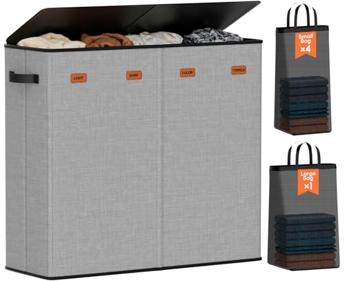 Laundry Hamper 4-Section with Lid, 185L Laundry Sorter with 4 Removable Bags + 1 Extra Large Bag, Switchable 3/4 Compartment, Laundry Basket Organizer for Bedroom, Laundry Room，Grey - color: Grey, size: 185L - 4 Section