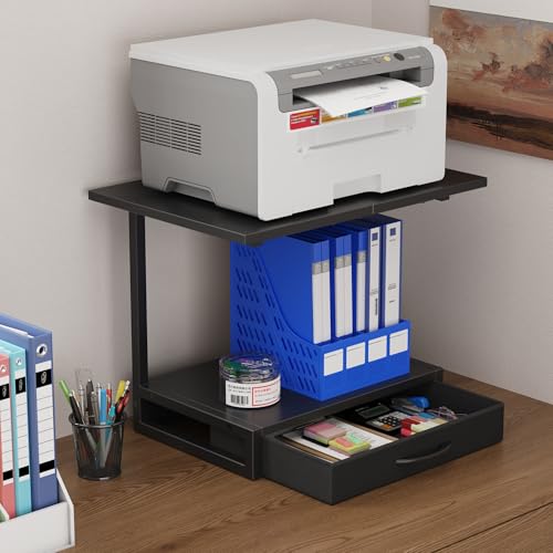 YAOHUOO 2-Tier Desktop Printer Stand with Fabric Drawer, Prtiner Table with Storage Shelf, Desk Organizer for Home Office,3D Printer,Fax Machine,Scanner, 19.6"x14.9" Black - color: Black, size: Large