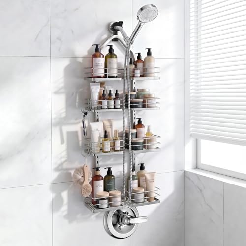 Adjustable Hanging Shower Caddy for Handheld Showerhead, 4-Tier Rustproof Shower Rack Baskets, Anti-Swing Hanging Shower Organizer for Bathroom Storage with 2 S-Hooks, Large Capacity, Silver - color: 4-Tier Silver