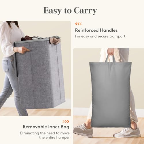 Lifewit 185L Large 3 Section Laundry Hamper with Lid, Plastic Laundry Basket with Bamboo Handles and Removable Bags, Tall Foldable Clothes Hamper for Bathroom Bedroom, Light Gray - color: Light Gray