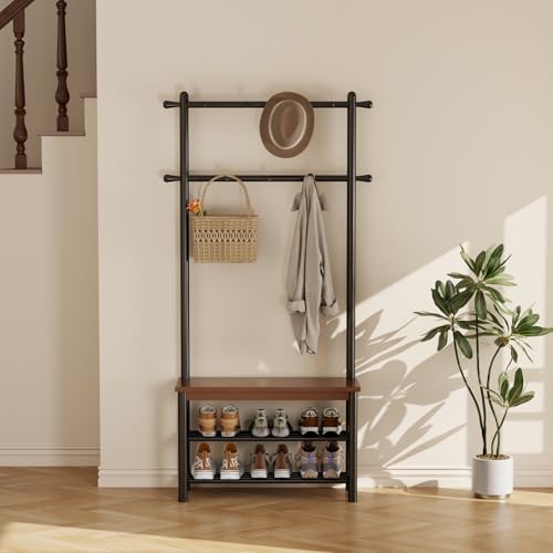 Coat Rack with Shoe Storage, Wood and Metal Frame, Entryway Hall Tree with Bench, Featuring 11 Hooks and 2-Tier Storage Shelves, 3-in-1, Entry Bench with Coat Rack (31.5" Walnut) - size: 80