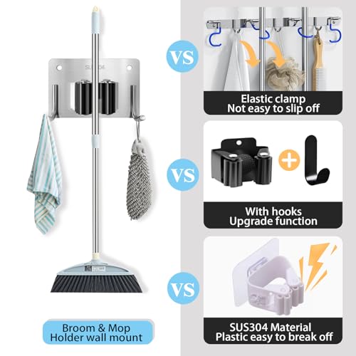 Mop and Broom Holder Wall Mount Stainless Steel 304 Tool Garage Organization Rack Scew and Self Adhesive Broom Hanger Heavy Duty 4pcs