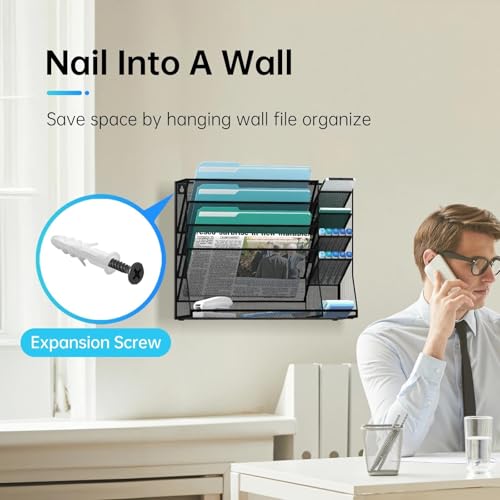 Wall File Organizer, 5-Tier Wall Organizer for Office with 4 Pen Slots, Vertical Hanging File Folder Holder with R-shaped Bottom Tray, Mesh Mail Holder Desk Organization for Workspace, Black - color: Black
