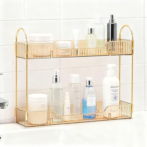 Bathroom Countertop Organizer, 2-Tier Slim Vanity Storage Rack for Bathroom Sink, Narrow Counter Organizer for Toiletries Skincare Perfume with Gold Plastic Trays, Gold - color: Gold