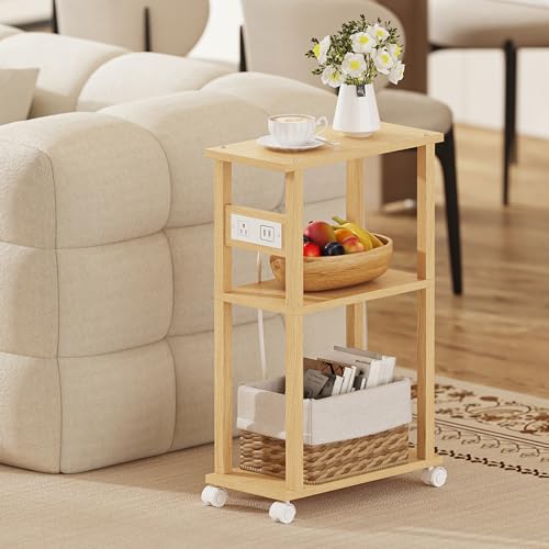 TUTOTAK Small Narrow Side Table with Charging Station, Skinny End Table for Small Spaces, Slim Nightstand with USB Ports and Outlet, Sofa Beside Table with Wheels, Natural TB01BN047 - color: Natural, size: 2 PC, style: With Plug