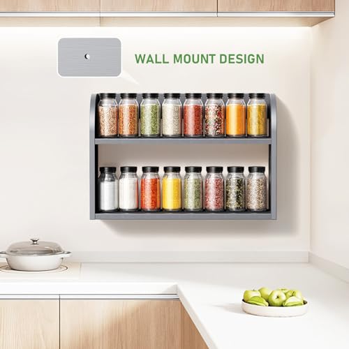 ROMGUAR CRAFT 2 Tier Bamboo Spice Rack, Countertop or Wall Mounting Wood Spice Jars Organizer Shelf for Kitche, Pantry (Grey) - color: Grey, size: 2 Tier