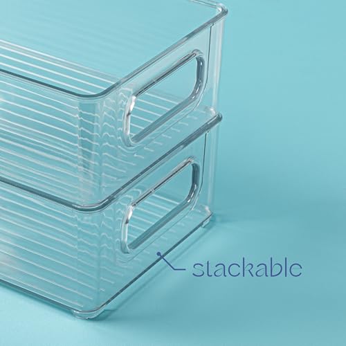 Plastic Food Storage 2 Pack Clear Container Bin with Handles for Organizing Kitchen, Pantry, Refrigerator, Freezer, Pantry, Cabinet, Closet, Bathroom. Stackable 10”x6”x3” - size: 10x6x3